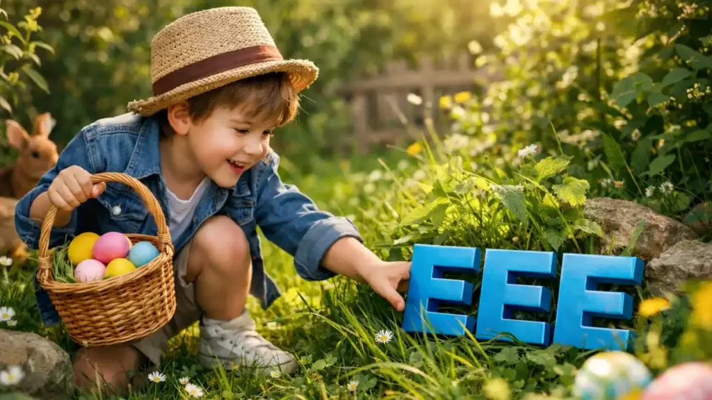 A child discovering the 3 hidden E's in analogy of an egg hunt