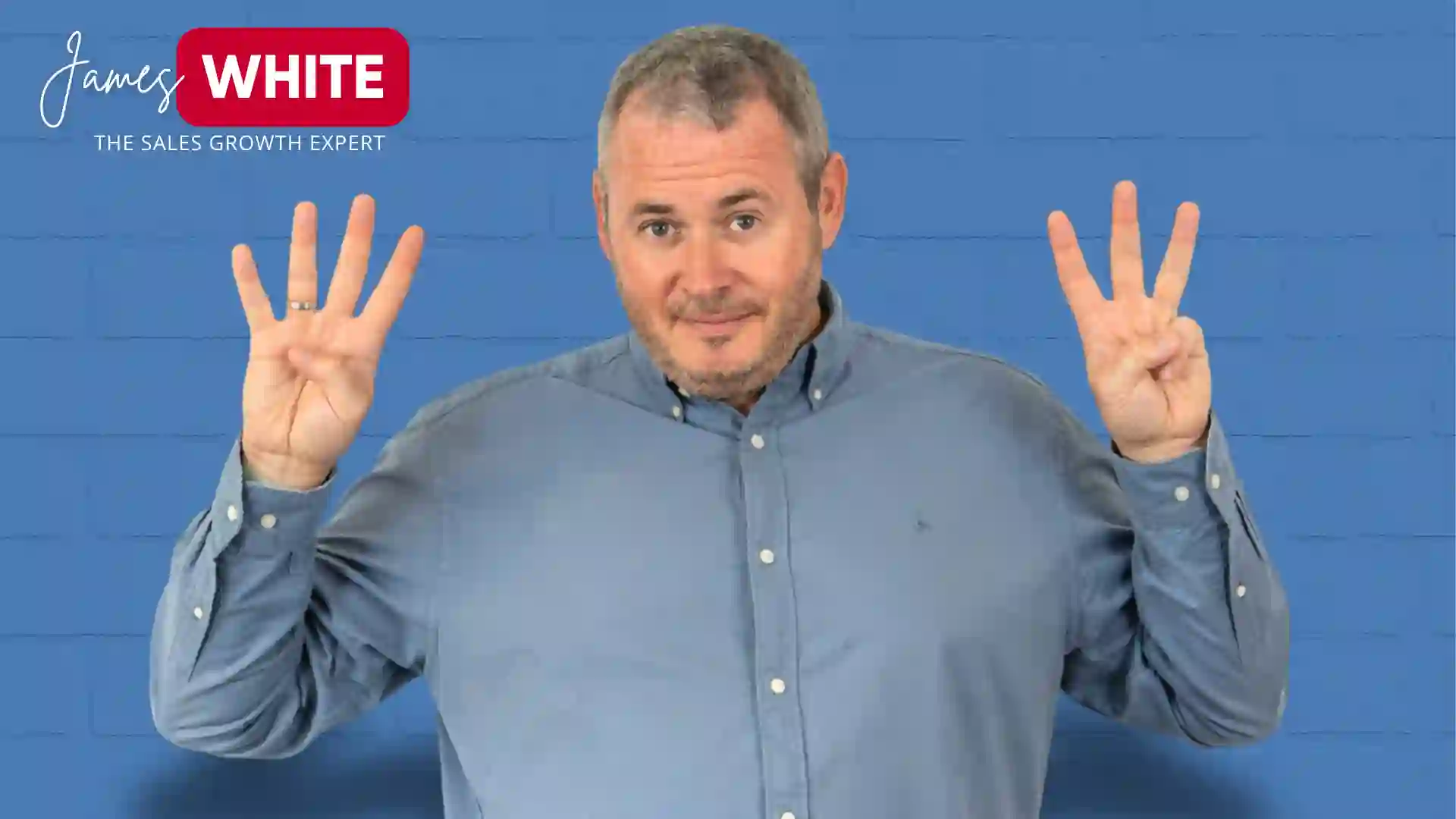 A male figure Mr. James White with his hands up showing 4 on his right rand, and 3 on his left hand indicating decision